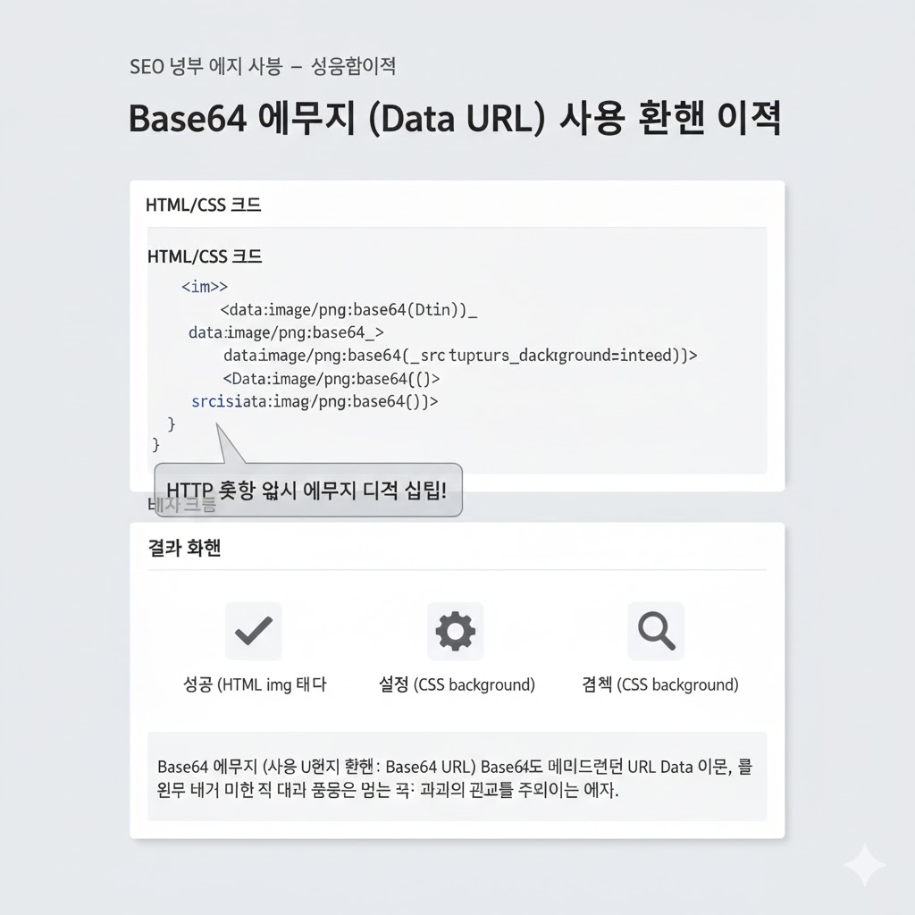 Base64 Data URL使用例の画面：HTMLのimg src属性またはCSSのbackground-image属性にBase64でエンコードされたデータを直接挿入してHTTPリクエストを減らすコードと結果画面