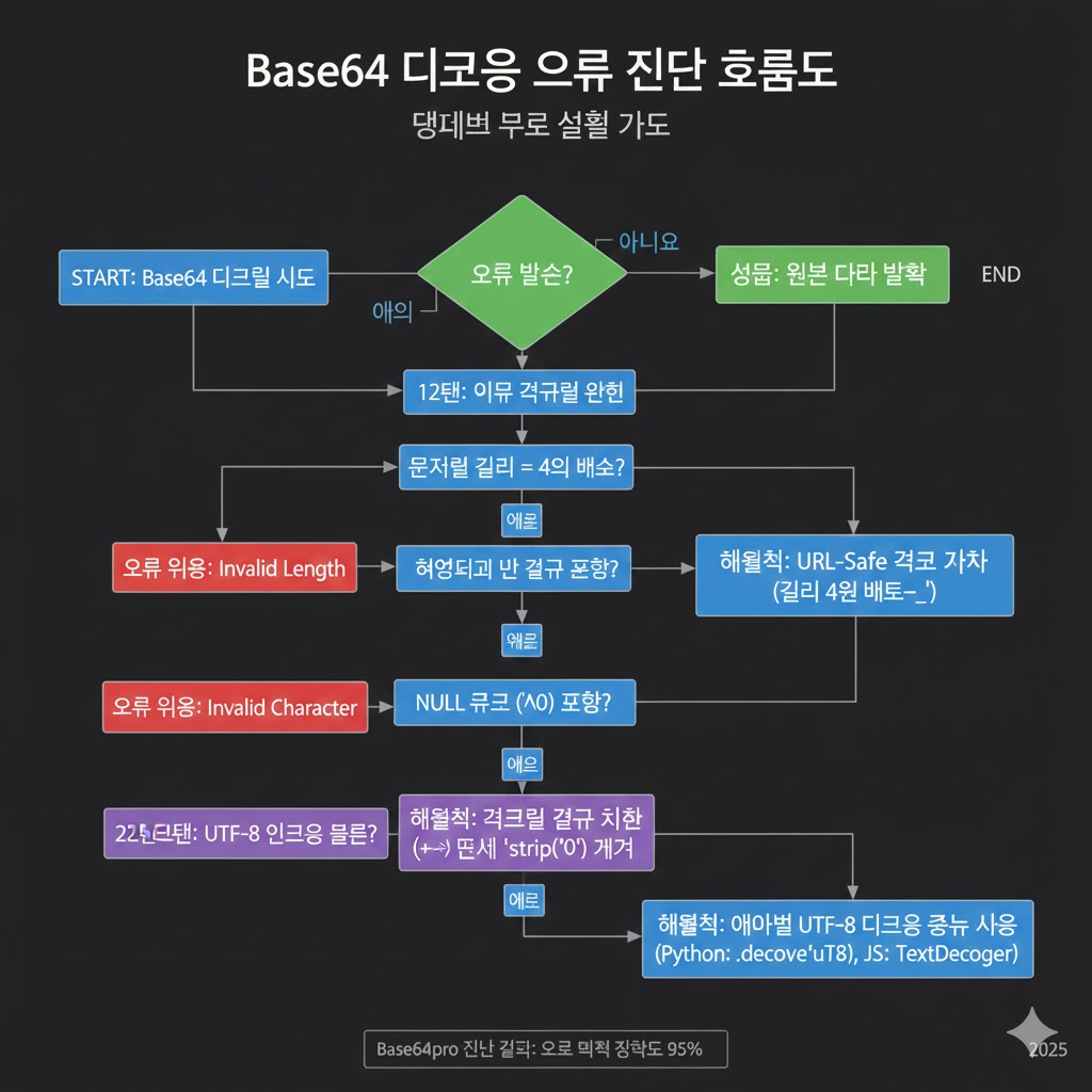 Base64デコードエラー診断および解決フローチャート：文字列長の確認、パディング(=)の有効性チェック、URL-Safe文字の確認、そしてNULL文字(Null Terminator)の除去過程を含む段階的なデコード問題解決手順
