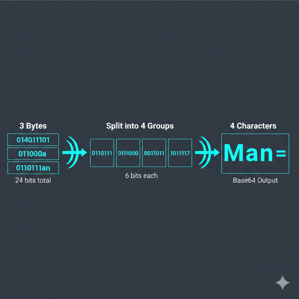 3バイトの2進数データを6ビットずつ分割して4つのBase64文字に変換するエンコード原理図