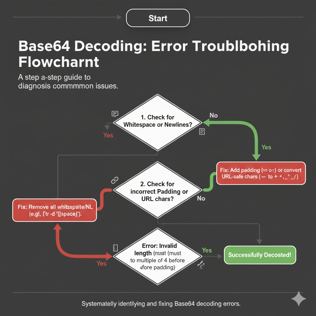 Flowchart detailing the diagnostic steps for Base64 incorrect length fix and padding check.