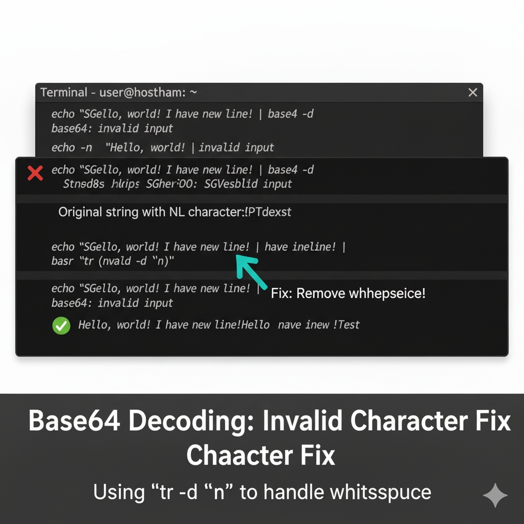 Visual representation of Base64 invalid character error fix by removing whitespace from the encoded string.