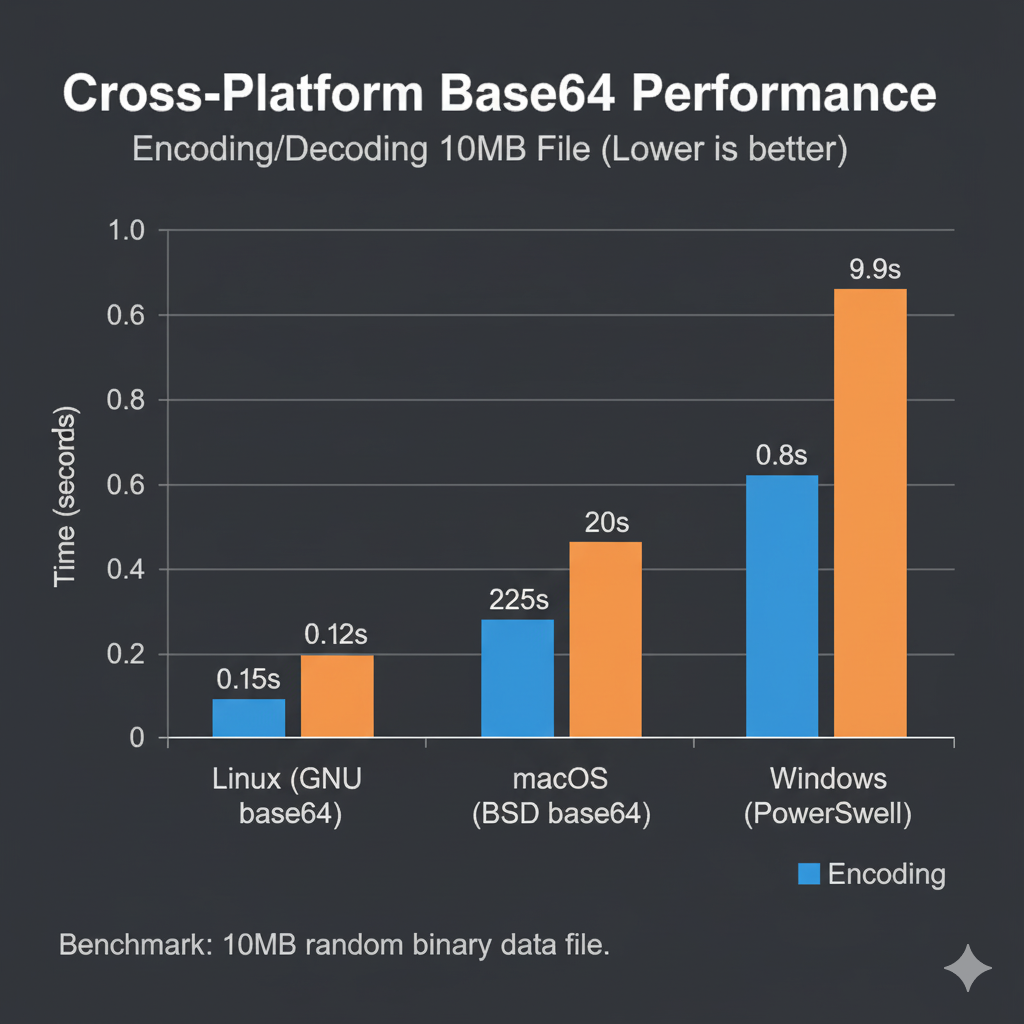 Bar chart comparing Base64 encoding/decoding speed across Linux, macOS, and base64 command line windows PowerShell.