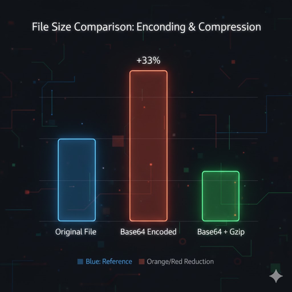 元ファイル対比Base64エンコード時に発生する33%のデータ膨張率とGzip圧縮適用時のサイズ変化比較チャート