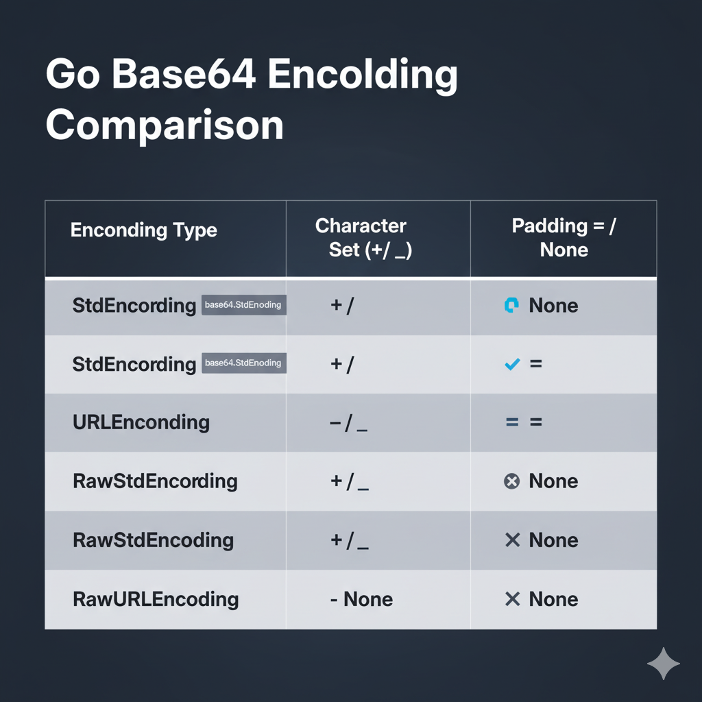 Diagram showing the character set difference between Go's Standard, URLEncoding, and RawURLEncoding constants for Go Base64 Standard vs RawURL comparison.