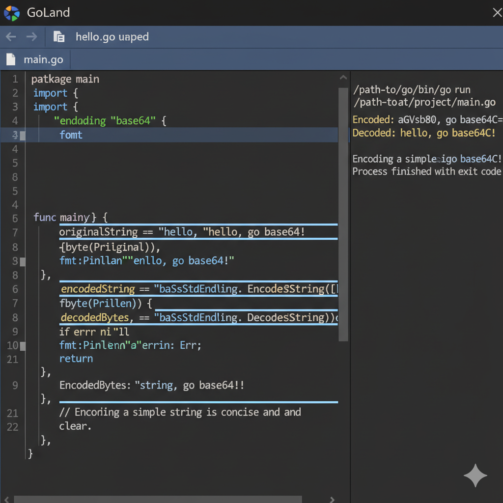 Go code snippet demonstrating the basic go base64 encode string and decode workflow using StdEncoding.