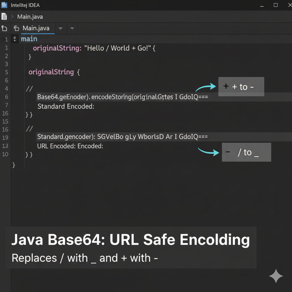 Java code snippet showing the difference between Base64.getEncoder and Base64.getUrlEncoder, highlighting the Java Base64 URL safe output.