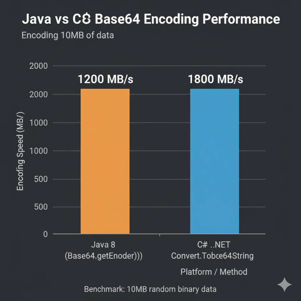 Benchmark graph comparing the encoding speed of Java Base64 vs C# Base64 convert to string for various file sizes.