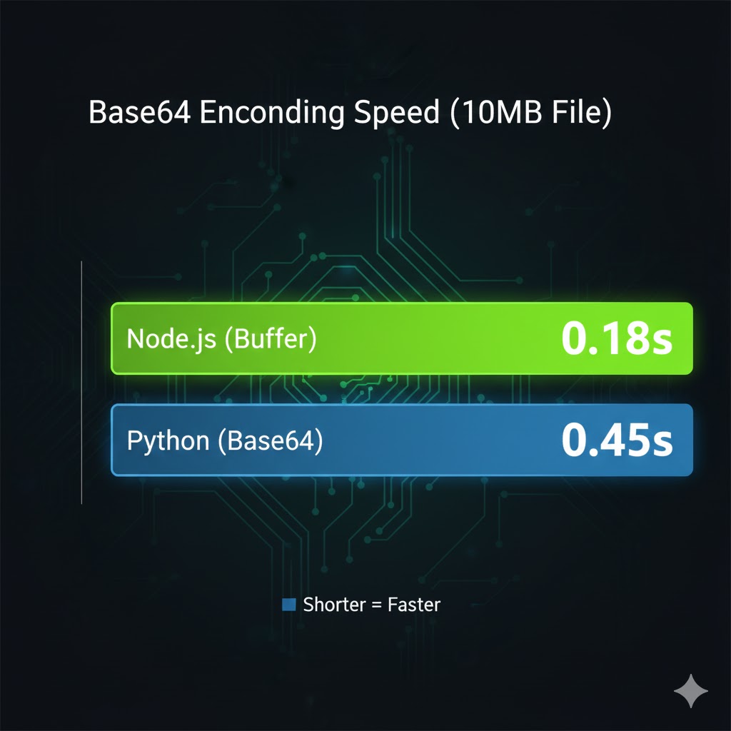 大容量ファイルBase64処理速度ベンチマークチャート：Node.js(0.18s)がPython(0.45s)より約2.5倍速いパフォーマンスを示す
